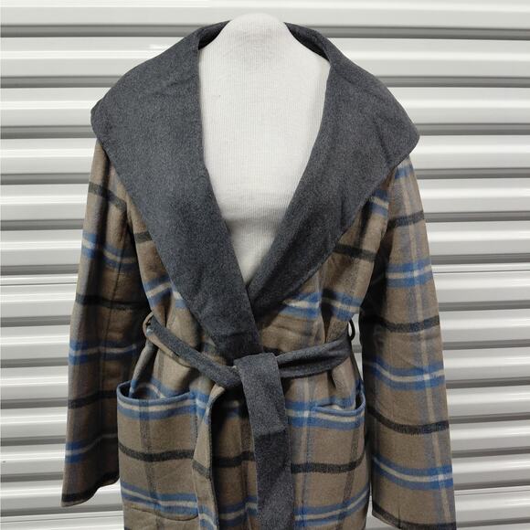 $475 NWT Elie Tahari Womens Wool Blend Wrap Coat Size Large Gray Plaid Belted - Picture 6 of 13